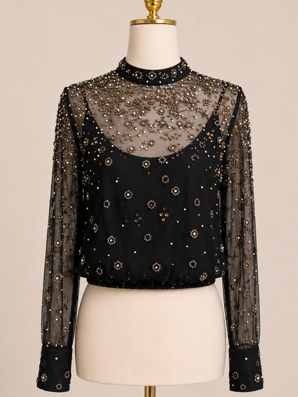 Farm Rio Beaded Embroidered Sheer Mesh Bubble Hem Blouse w/ Cami NWT M $348